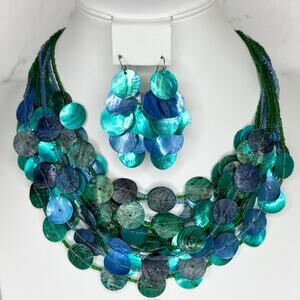 Chico's Shell Disc Bib Necklace Earring Set Blue Teal Green Silver Tone ✨